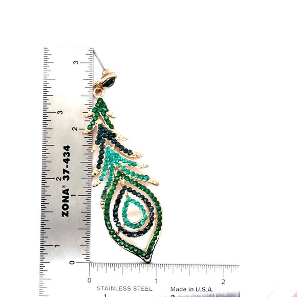 Green Crystals Fish Bone Style Dangle Earrings - Picture 6 of 7